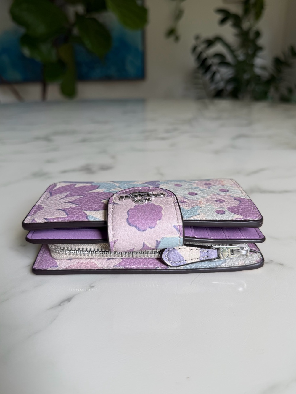 COACH Medium Corner Zip Wallet With Floral Print Ivory Purple Pink Multi CBO31 - Picture 7 of 12